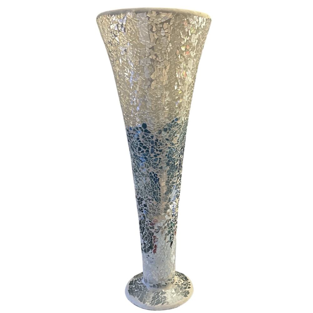 Pier 1 Imports Mosaic Vase 16” Crackled Reflective Glass Vase Aqua White Silver - Picture 3 of 9